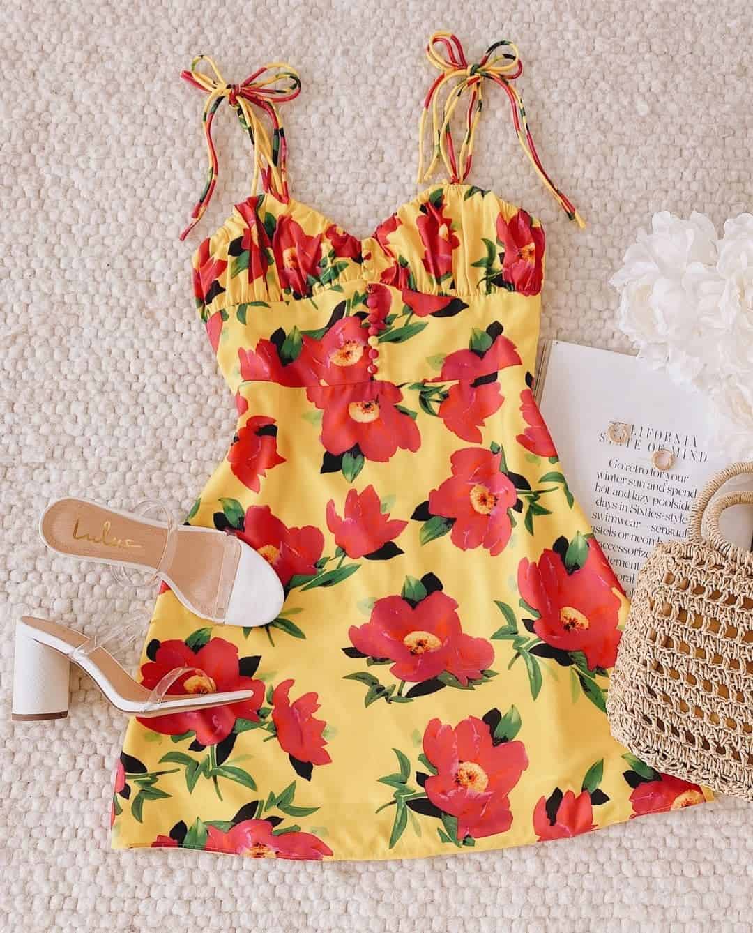 Summer Outfits Sundresses Beach Casual Dionne Bright Yellow Floral Print Satin Tie-Strap Mini Dress