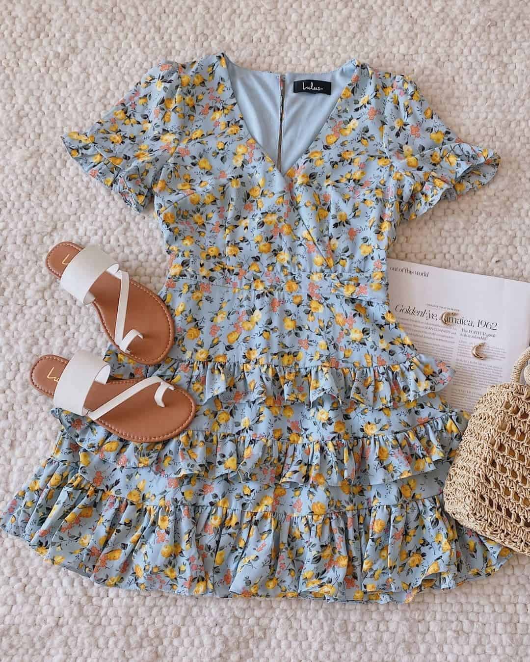 Summer Outfits Sundresses Beach Casual Light Blue Floral Print Tiered Ruffle Mini Dress Lulus
