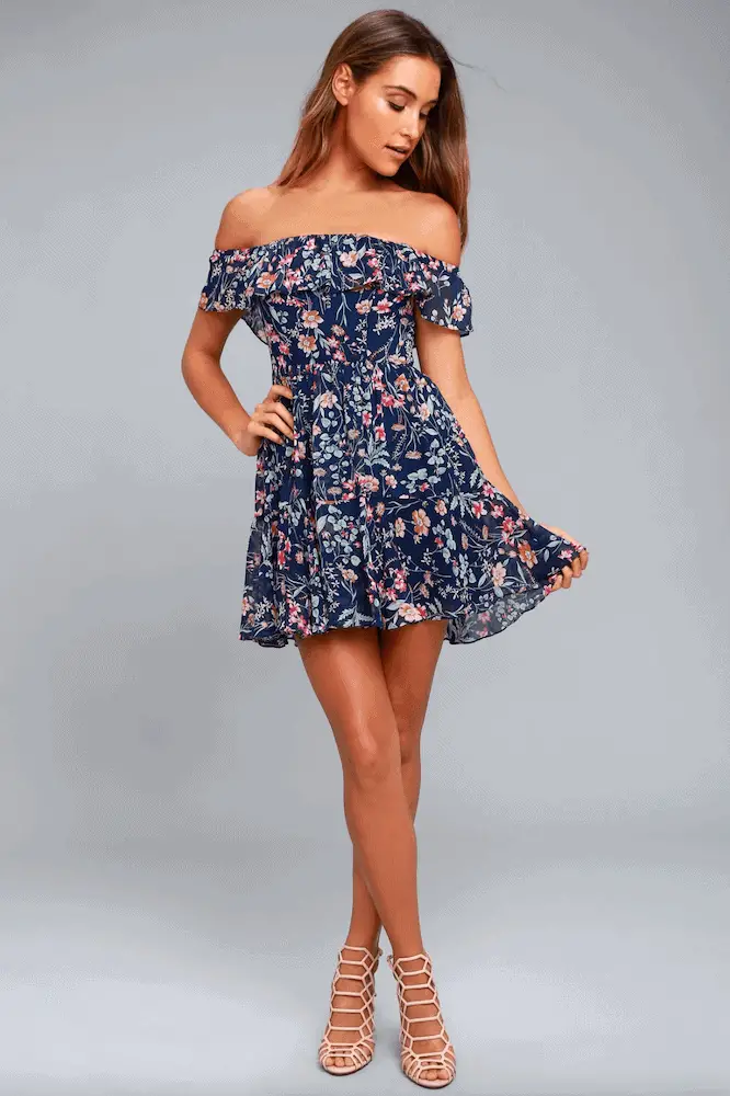 Where to Buy Summer Dresses Online Navy Blue Floral Print Off the Shoulder Dress
